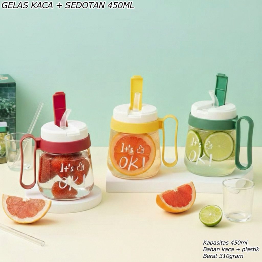 GELAS KACA + SEDOTAN 450ML || CANGKIR KACA GAGANG || GELAS AESTHETIC || MUG KOPI KACA TEBAL