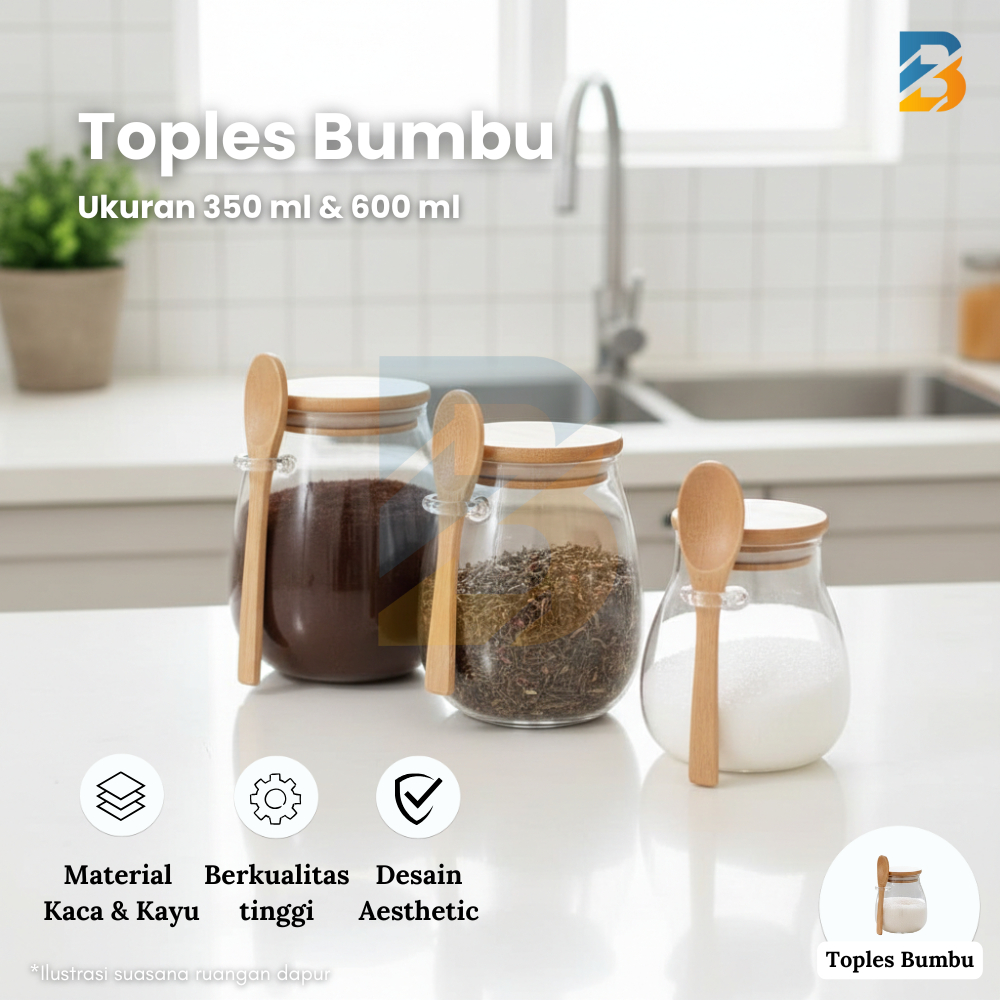 Toples Bumbu 350ml & 600ml Tobu Tempat Bumbu Aesthetic Kaca Tutup Kayu Sendok Wadah Bumbu 1 Set