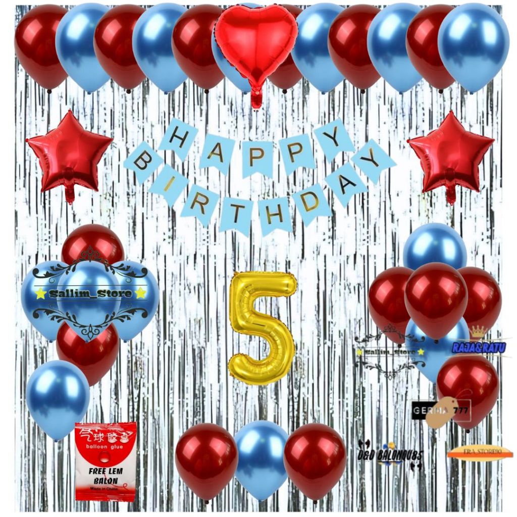 Paket Set Dekorasi Ulang Tahun Anak Dewasa Balon Merah Mix Biru Muda Tirai Foil Silver Ultah Party
