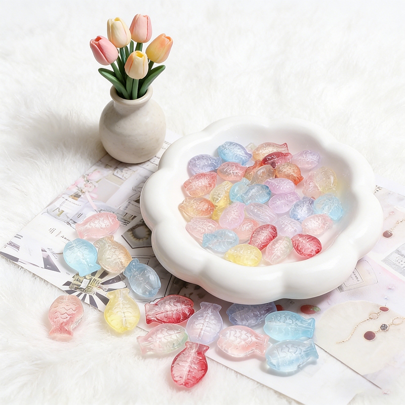 Manik-manik Kaca Bentuk Ikan Pelangi Bergradien | Aksesoris DIY Gelang Kalung | Bahan Paket Grosir S