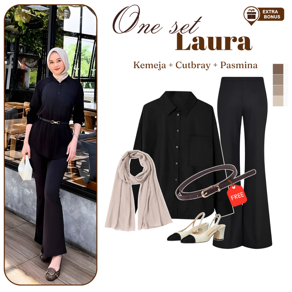 Oneset One set 3in1 setelan wanita kemeja basic polos celana cutbray flare pants scuba free belt sab