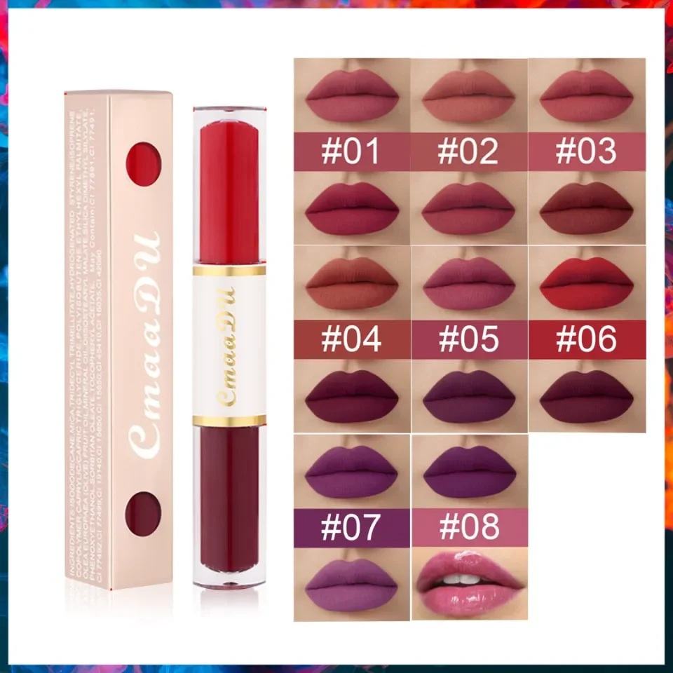 ORIGINAL CMAADU Double Lipstik 2in1 8 Colors Matte Liquid Waterproof Long Lasting Lipmatte Lipstick 