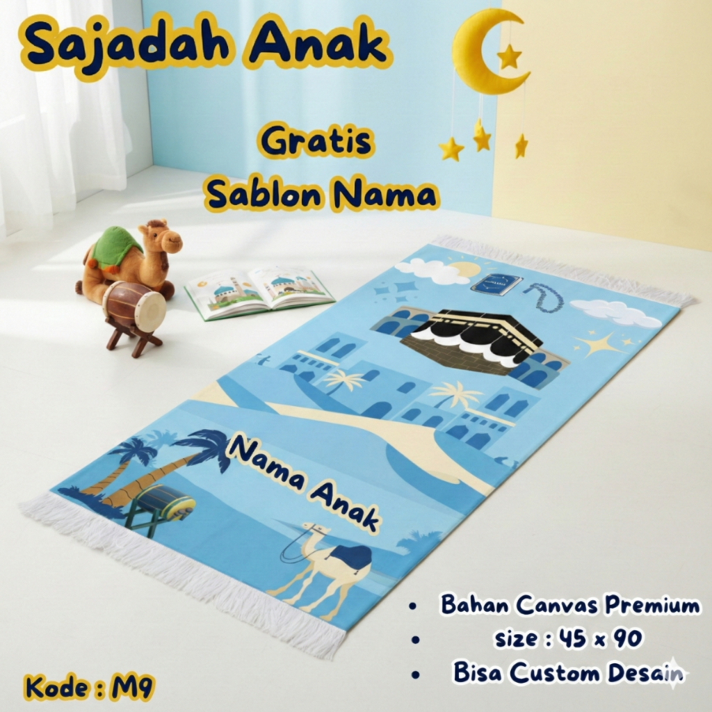 Sajadah Anak Custom Nama Gratis - Desain Motif Ka'bah Islami Unik Lucu - Bahan Canvas Premium - Kode
