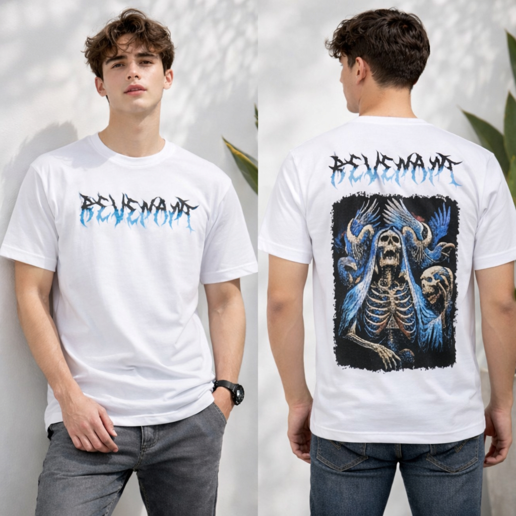 REVENANT KAOS OVERSIZE  / WHITE OVERSIZE STREETWEAR / T-SHIRT/ BLUE FLAME / GOTHIC DESIGN