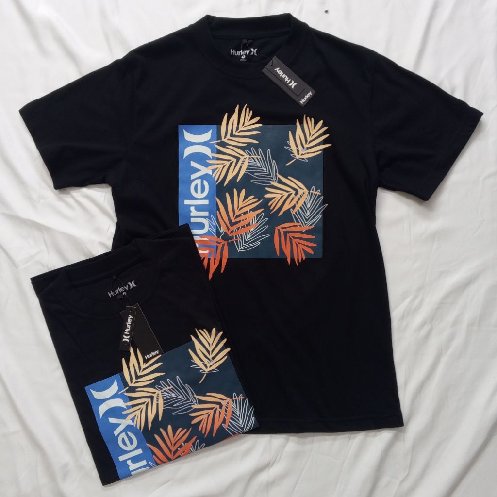 Kaos Hurley Original Pria Hitam Motif Tropical Leaf | Cotton 20s Hurley T-Shirt Pria Hitam Motif Dau