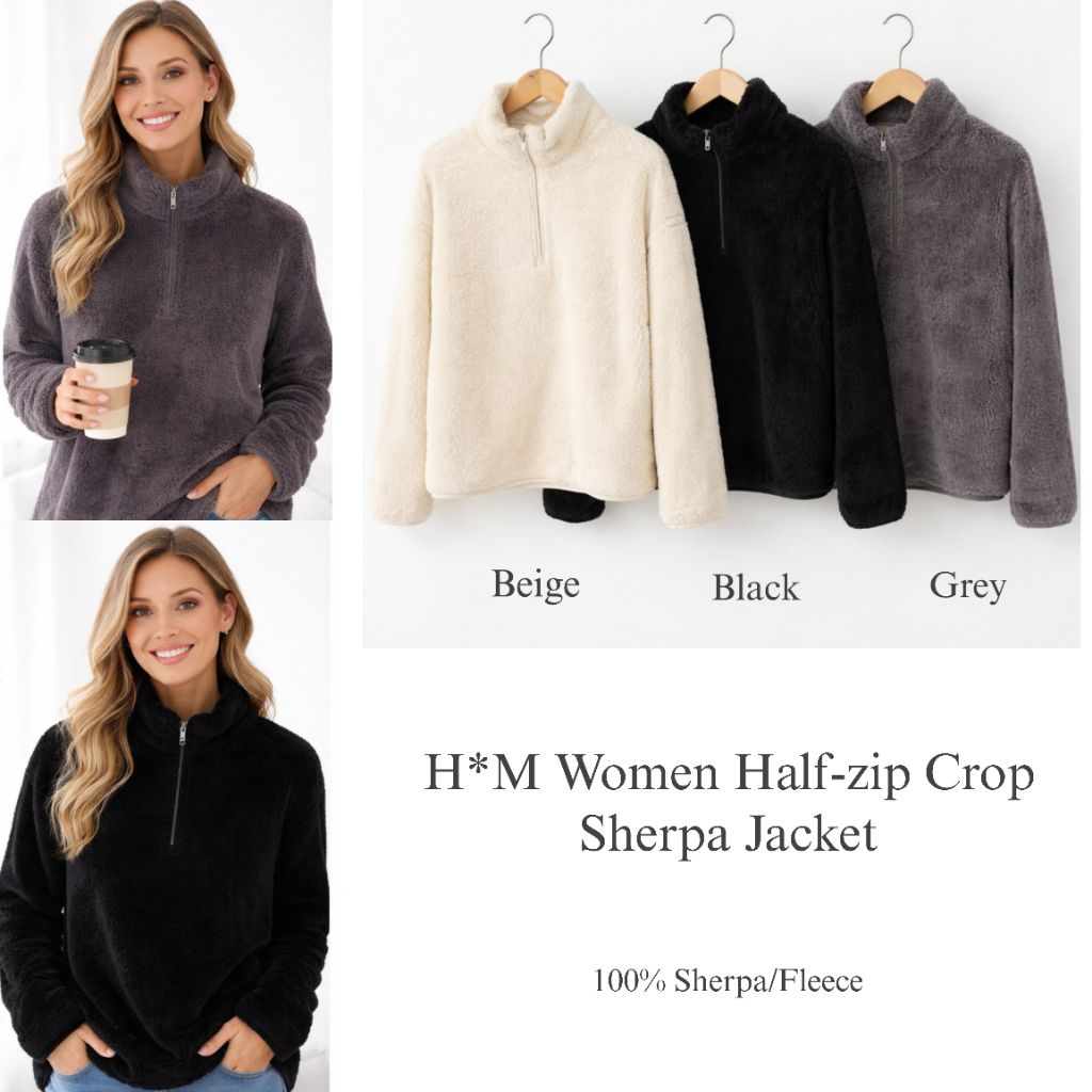 H*M Women Half-zip Crop Sherpa Jacket / jaket sherpa wanita original branded / jaket wanita terbaru