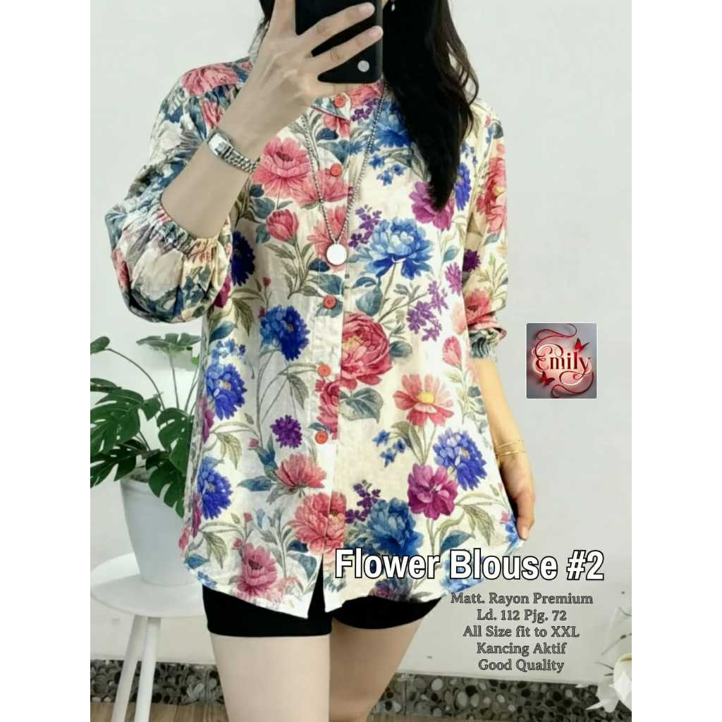 Flower Blouse Original Emily Atasan Wanita Rayon Premium Motif Bunga Lengan Balon Kancing Depan Akti