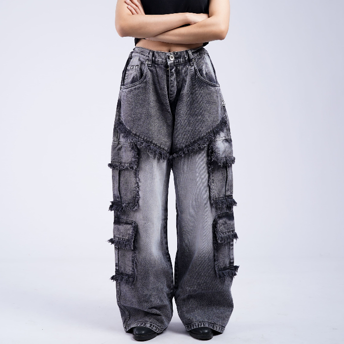 Bawwa Santai | Celana CARGO Baggy Jeans | BLACK GREY SANDWASH fading | THIAGO Series | Celana Cargo 