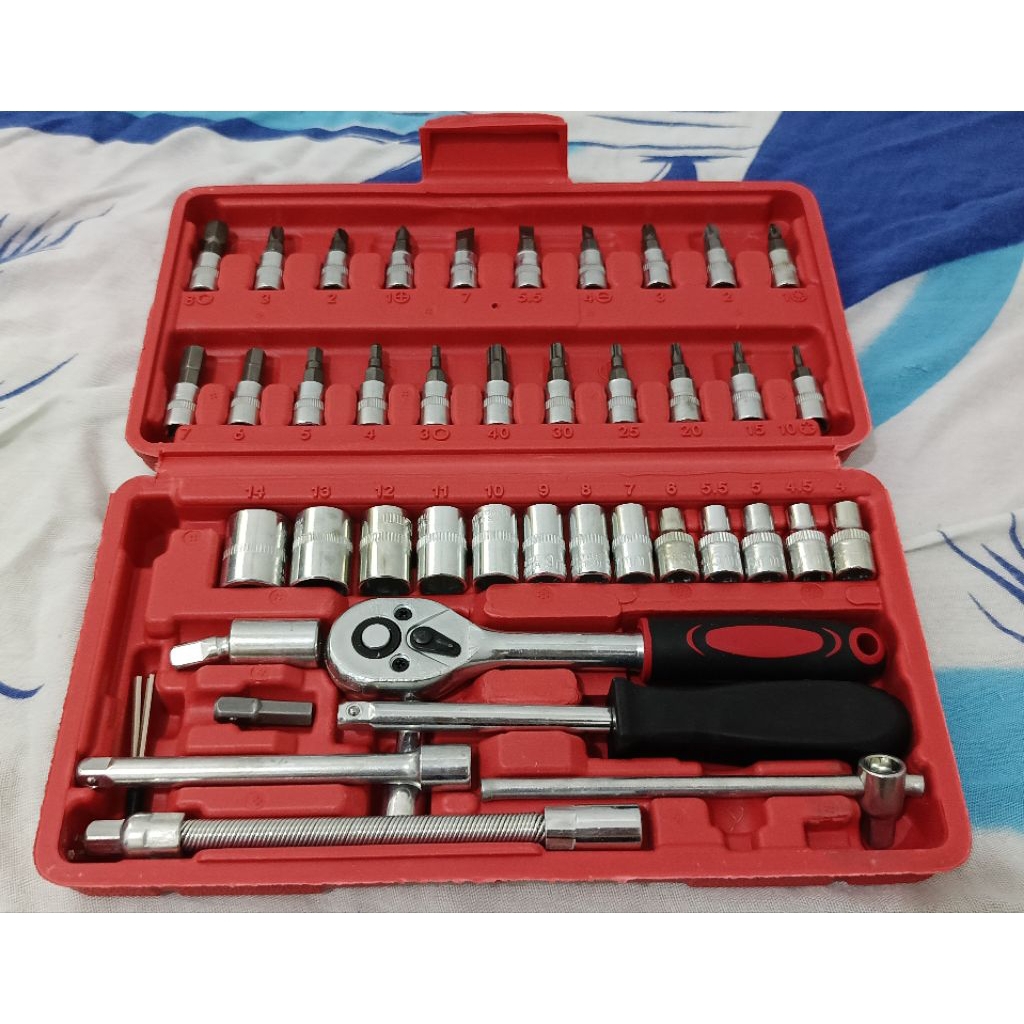 NEW ~ Kunci Shock Set 46 pcs Alat Perkakas Bengkel Mobil Motor Lengkap 1/4 inch