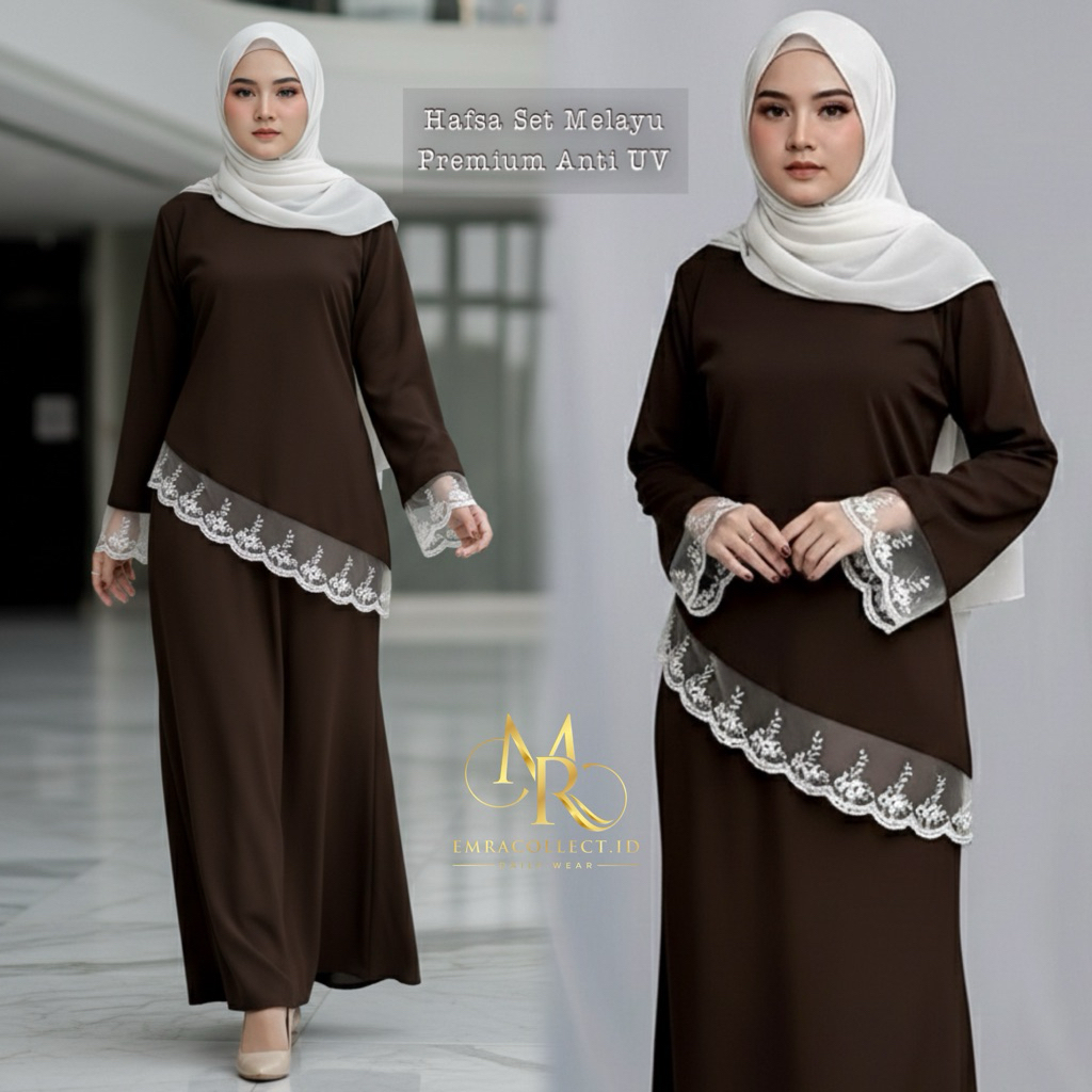 One Set Raya Setelan Rok Tunik Syar’i Hafsa Lebaran kurung Melayu Tulle Bordir Renda by Emracollect.