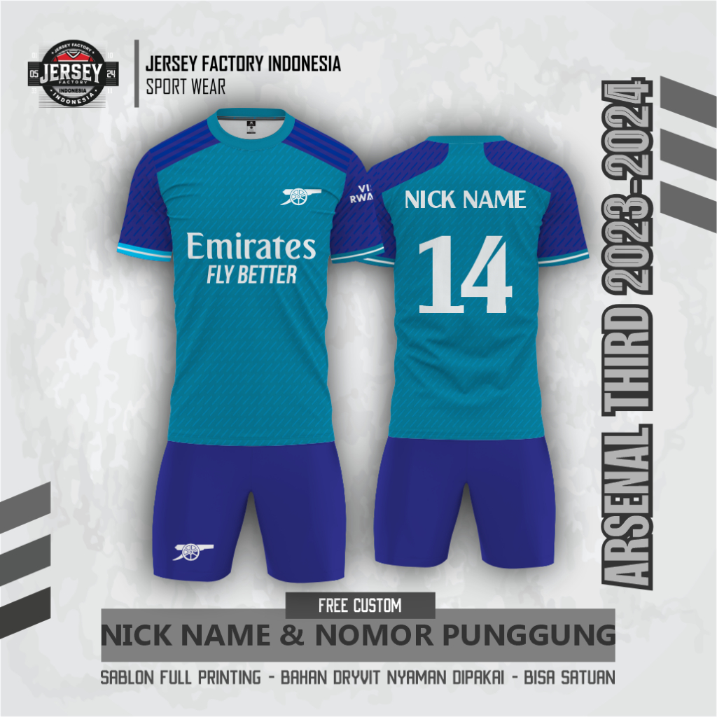 Jersey Bola ARSENAL THIRD 2023-2024 PENDEK free custom nama dan no punggung Full printing