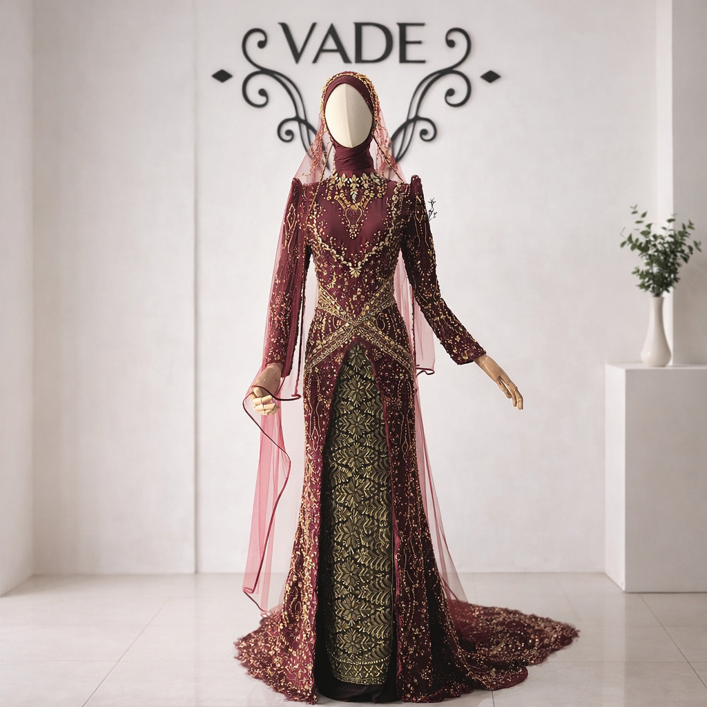 Kebaya Pengantin Merah Maroon Premium Bordir Payet Emas | Kebaya Wedding Hijab Mewah Elegan VADE