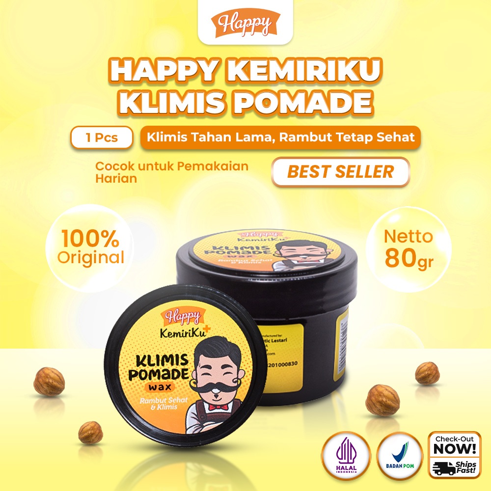 Happy Pomade Klimis (Wax Based) 80gr | Pomade Dengan Kandungan minyak kemiri dan Vitamin E | Membant