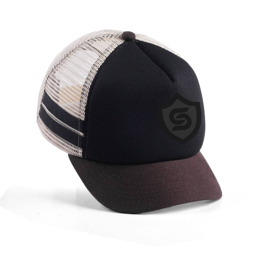 Topi Pet Pendek 5cm Pria - Topi Visor Pendek - Trucker Hats Jaring Premium Cokelat Cream Hitam