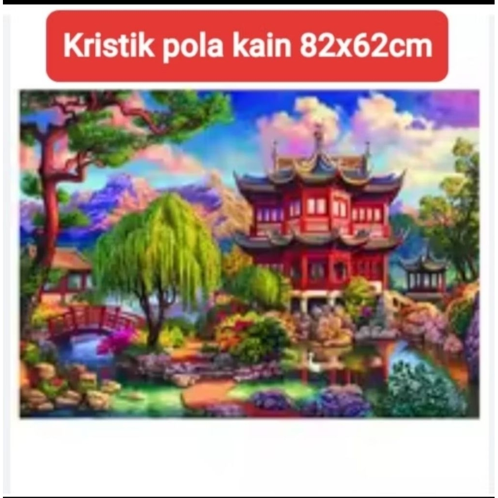 Paket kristik japanese garden taman bunga sakura rumah pola kain cross stitch 11ct sulam jahit monal