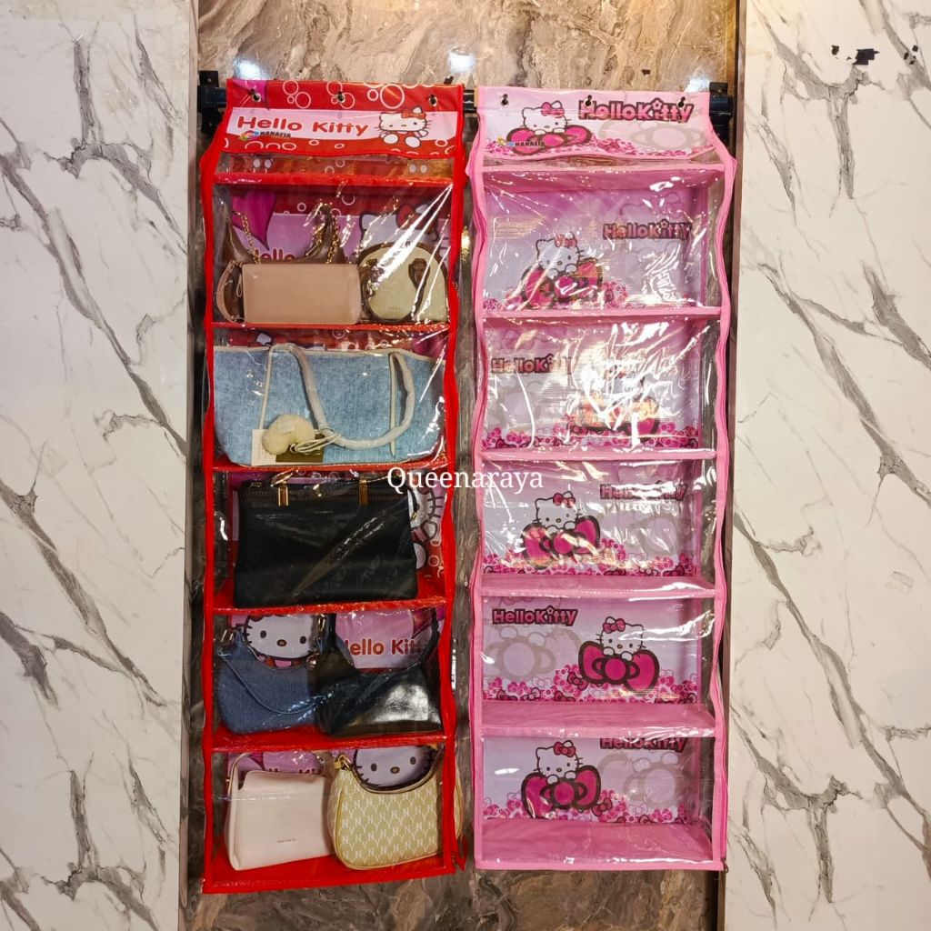 RAK TAS MOTIF HELLO KITTY GANTUNG | RAK TAS SUSUN GANTUNG BEBAS DEBU | TEMPAT TAS BONEKA