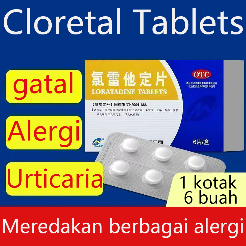 Tablet Loratadine6 butir per kotakMengobati rinitis alerg.Mengobati urtikaria.meredakan bersin, pile