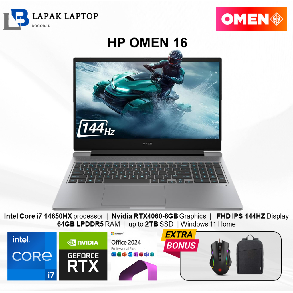 Laptop HP Omen Intel Core i7 14650HX RAM 64GB 2TB SSD RTX4060-8GB 16 FHD IPS 144Hz Windows 11 Home