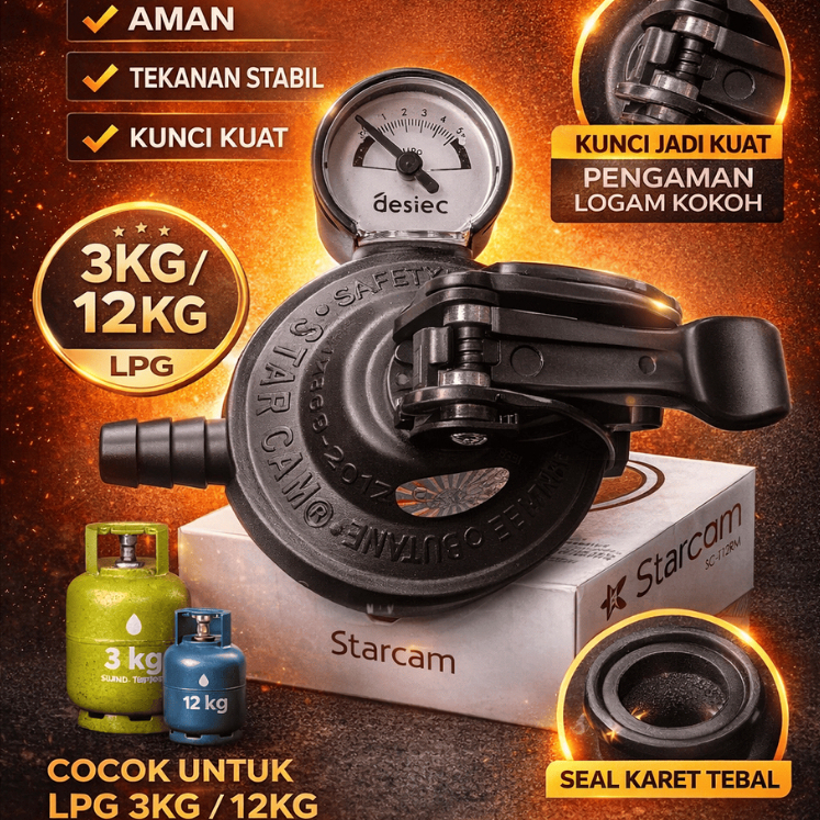 Regulator Gas Starcam Meter LPG 3kg 12kg Ori SNI | Anti Bocor Tekanan Stabil