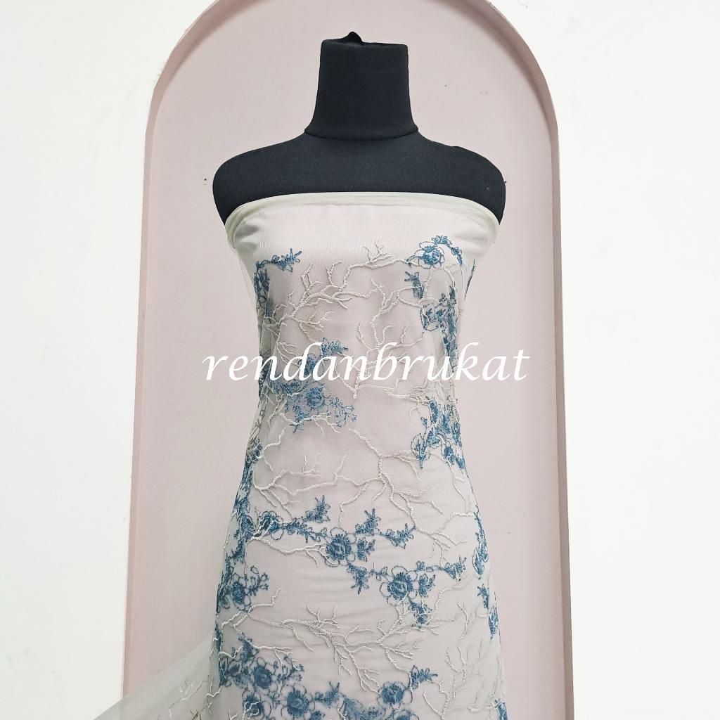 Bahan Kain Tulle / Tille Bordir "Diana Blue Lace" akar biru