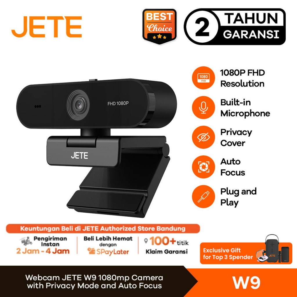 Webcam JETE W9 Full HD 1080p Kamera Laptop Komputer With Mic Privacy Lens Cover For Live Video Meeti
