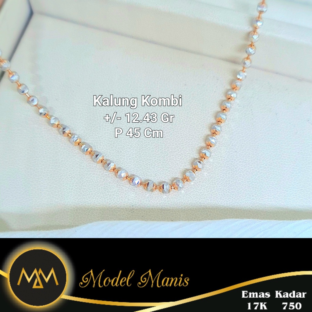 Kalung biji lada ukir kombinasi putih rosegold emas 750 kadar 17k