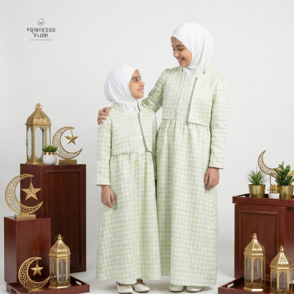 Princessa Flami Gamis Couple Anak Remaja Perempuan Muslim Raya Lebaran Sage Green Rompi G1329