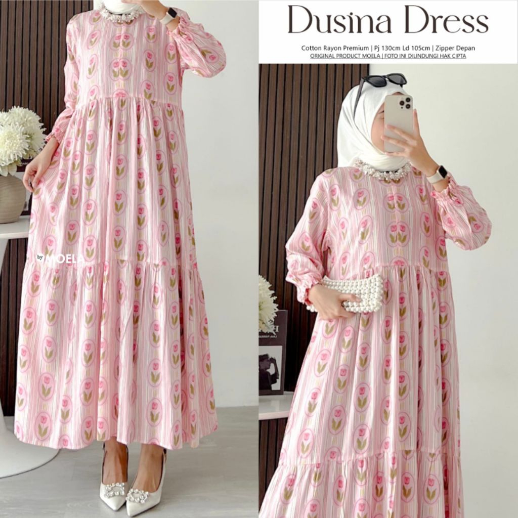 Gamis Wanita Dusina Dress Ori by MOELA Floral Pink | Gamis Busui Friendly Zipper Depan | Gamis Cotto