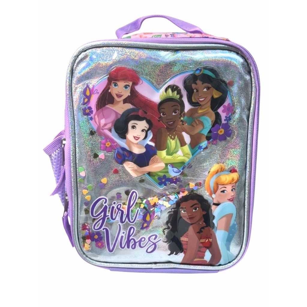 Tas Bekal Makan Anak Disney Princess Ariel Snow White Moana Jasmine Cinderella Pink Ungu Sequin Pere