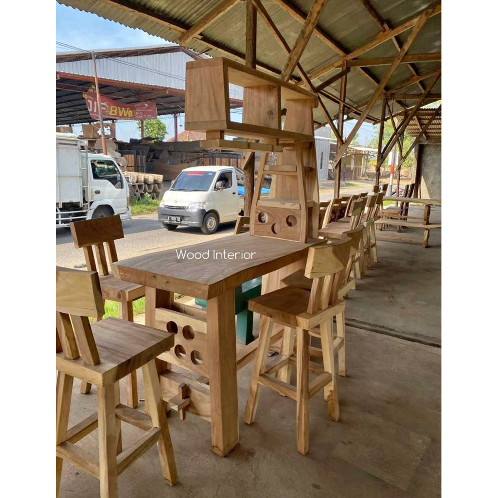 Meja Bar Trembesi | Set Mini Bar Kayu Solid | Kursi Bar Trembesi
