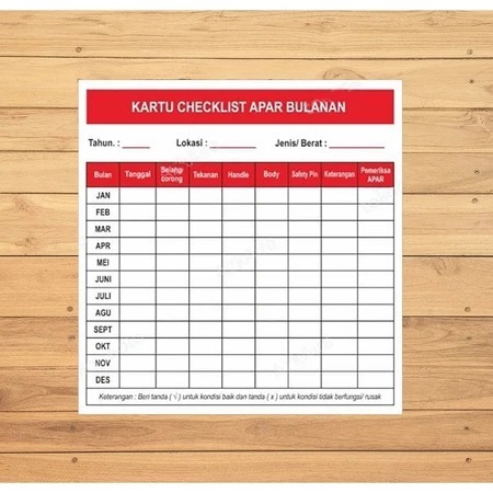 Kartu Checklist l Ceklis APAR Bulanan Uk. 15 x 15 CM READY STOK SIAP KIRIM