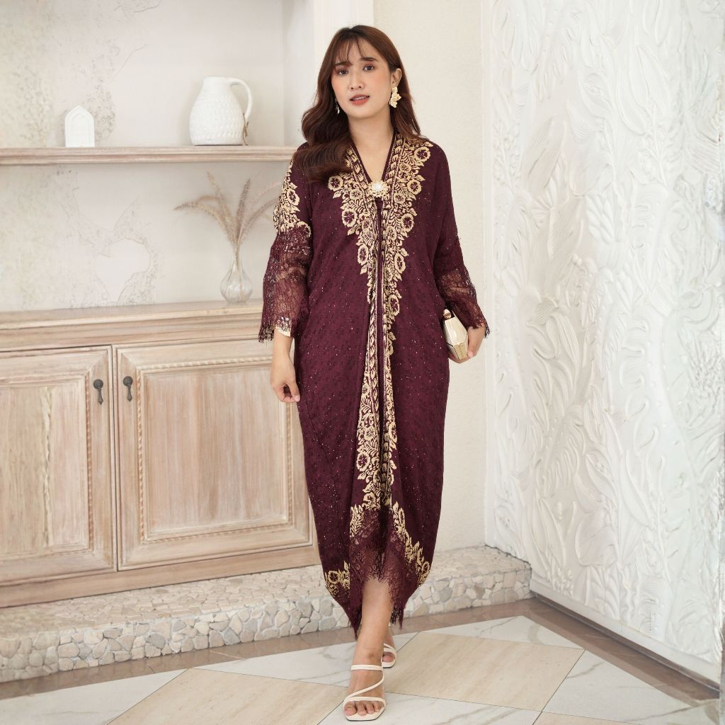 ARIMBI KINNAS Kaftan Lebaran Wanita Batik Modern Bahan Viscose Gamis Muslim Dress Renda