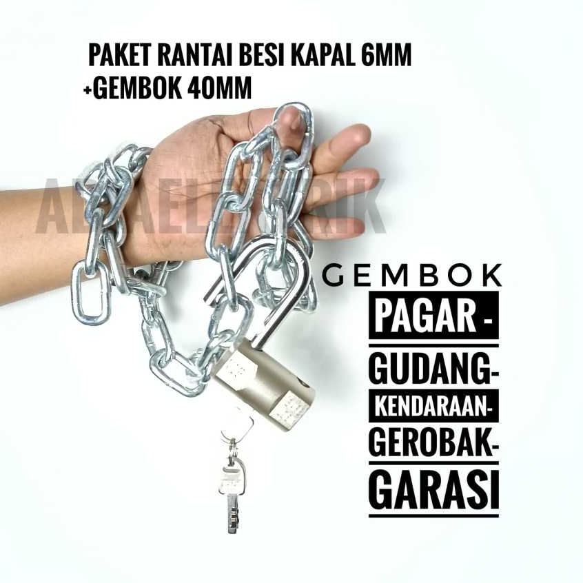 Paket Gembok + Rantai Besi Kapal Panjang 1 Meter / Rante Gembok Pagar / Rantai Besi Set Gembok / Gem