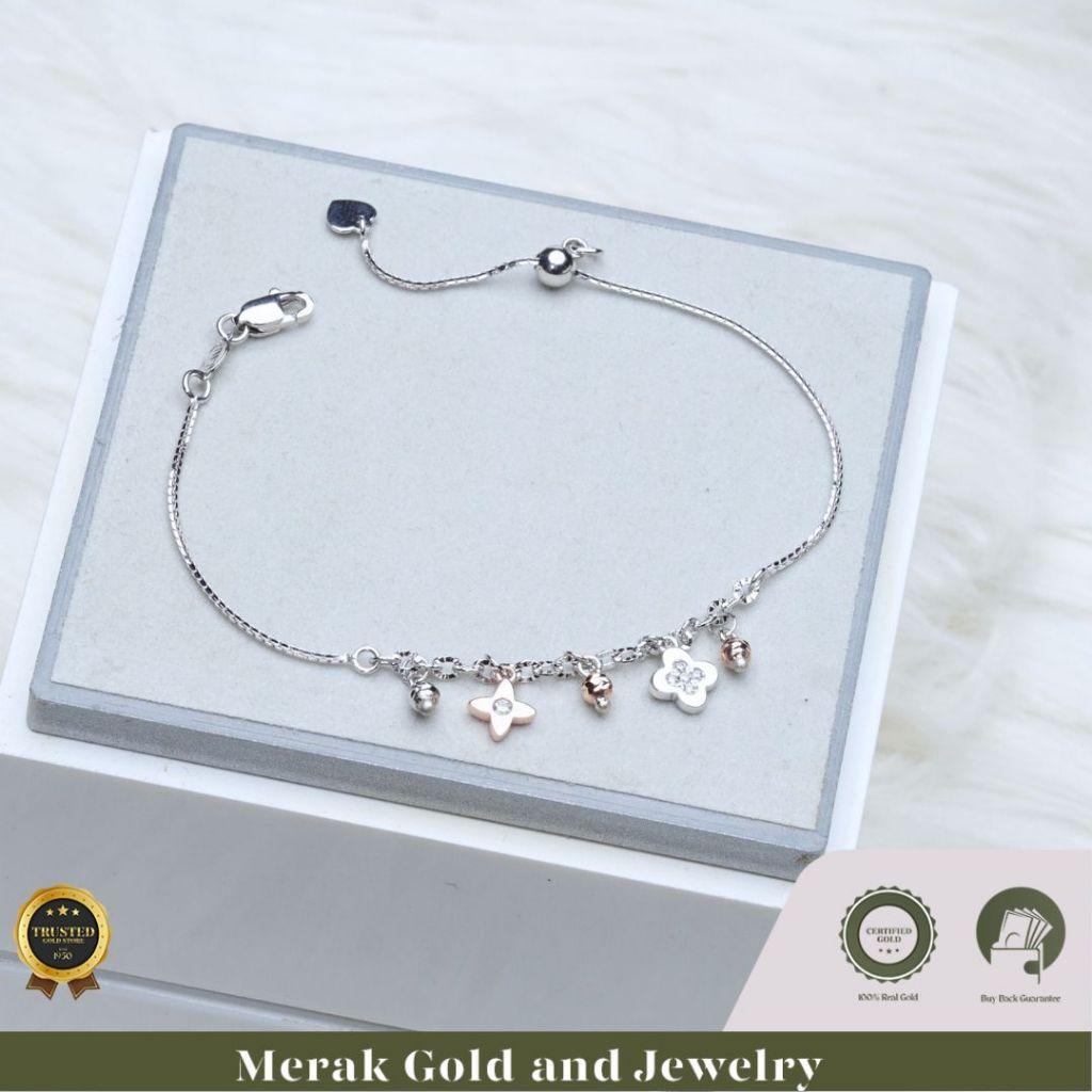 Merak Gold - Gelang Serut White Gold Italy Santa Ronce Clover | Emas Tua Kadar 17K