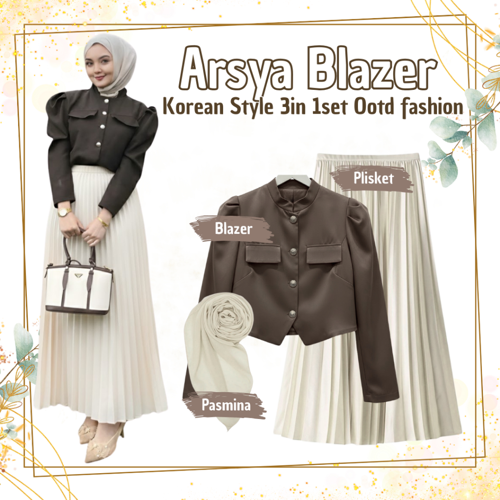 New Outfit Blazer Arsya 3in 1set (Pasmina+Blazer+Rok Plisket) Kekinian Fashion Wanita Muslim Modern