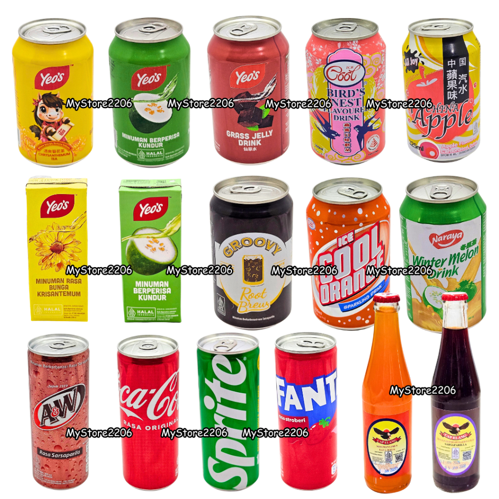 Minuman Kaleng AW, Sprite, Fanta, Coca Cola, Krisan, Kundur , Cincau Yeos Naraya , Apel , Elang