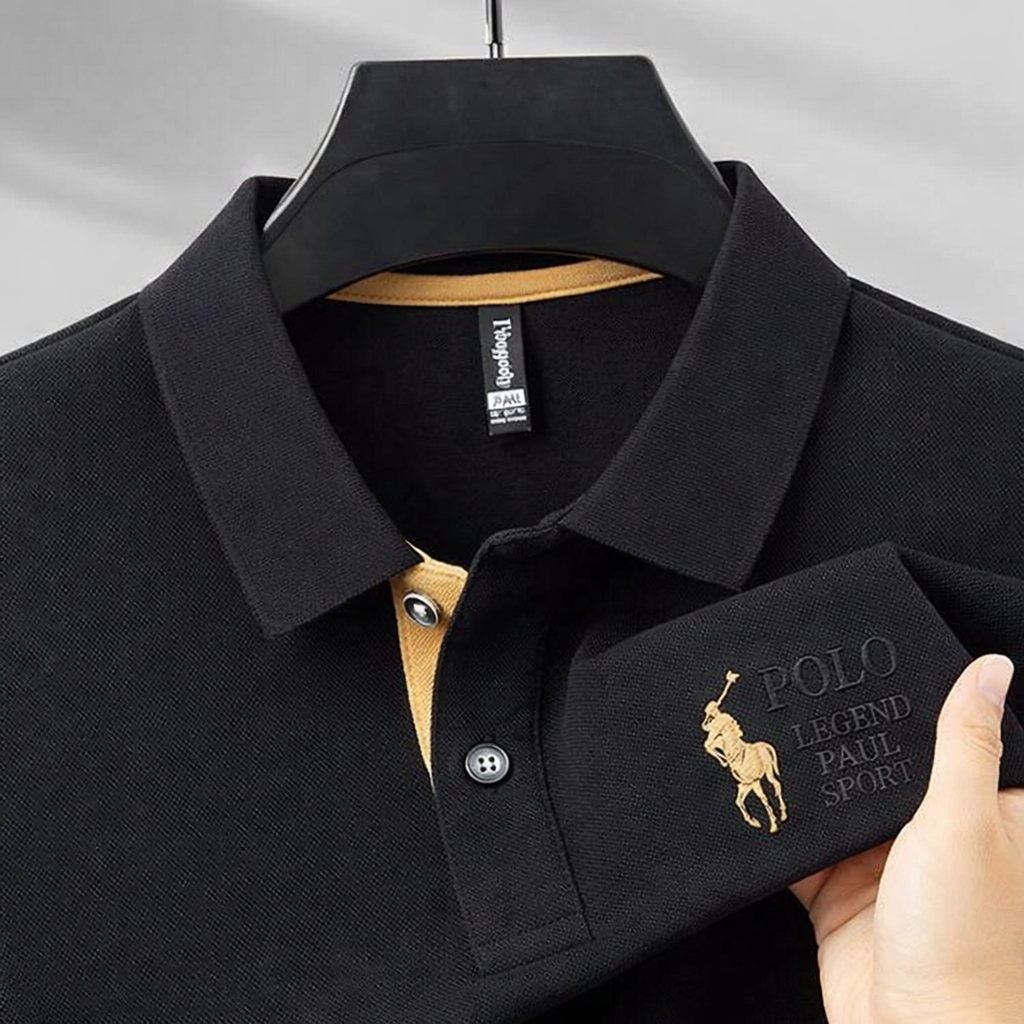 Kemeja polo hitam untuk pria kerah tegak lengan panjang kain premium logo kuda poni gaya klasik