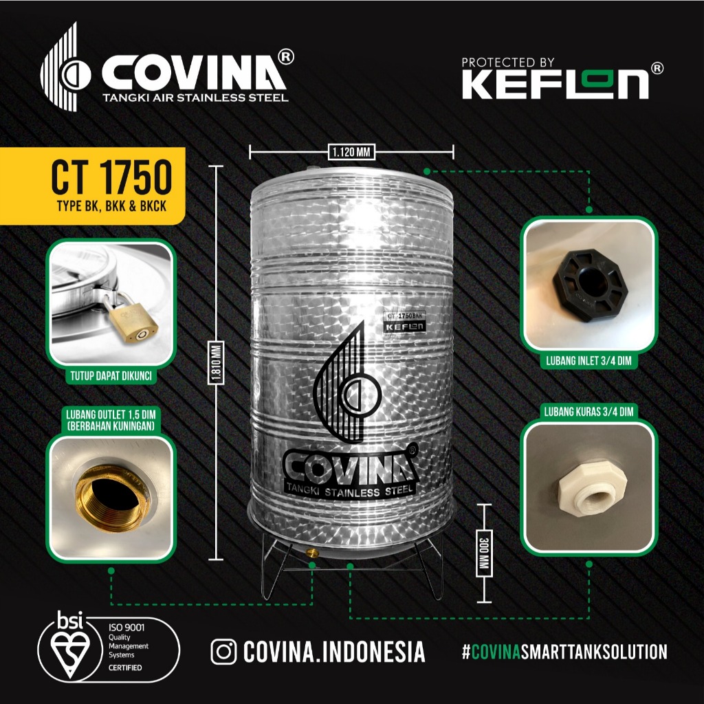 Tandon Air COVINA STAINLESS STEEL CT 1750 BK BKK BKCK Tangki Air Toren Air