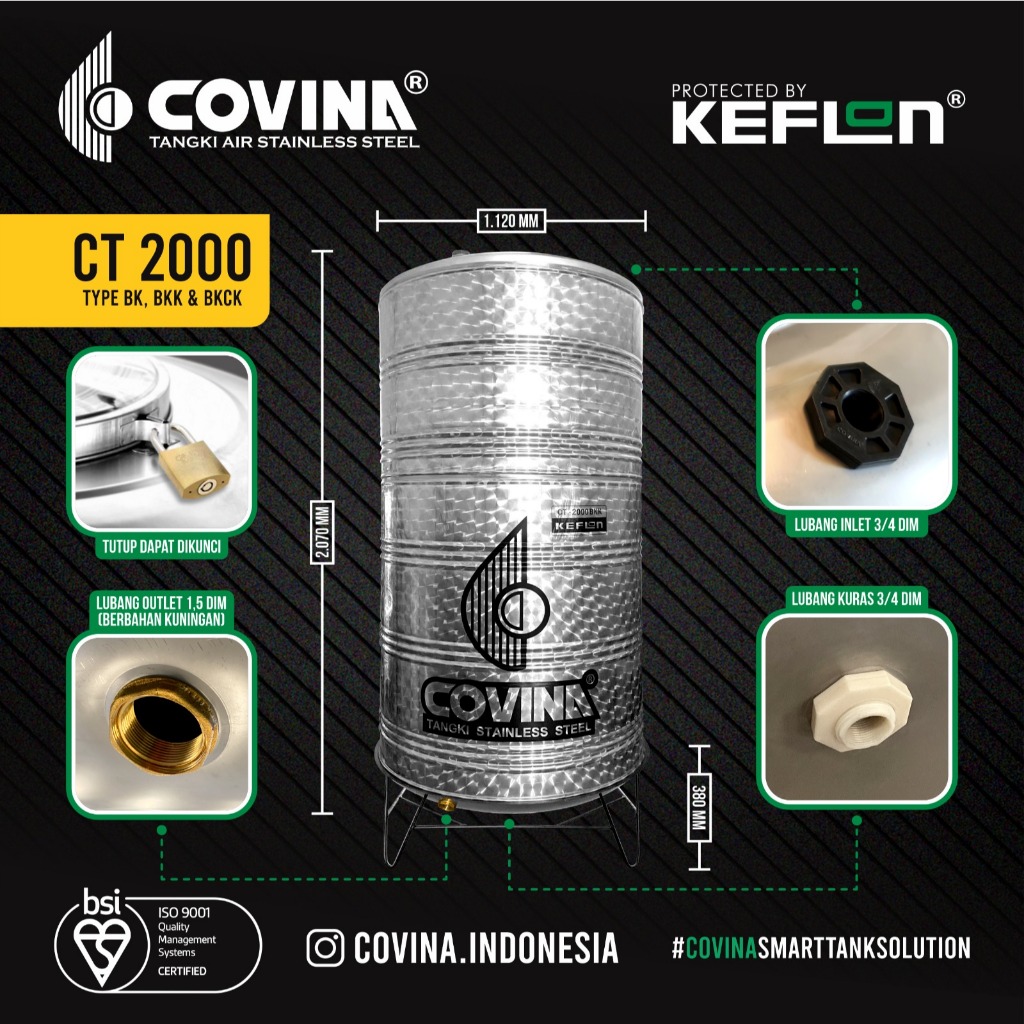 Tandon Air COVINA STAINLESS STEEL CT 2000 BK BKK BKCK Tangki Air Toren Air