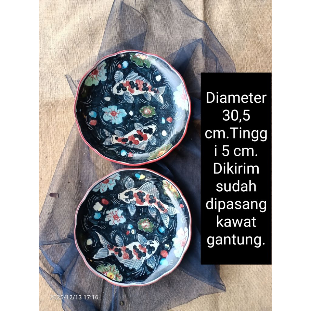 Diameter 30 cm an 2 buah piring keramik lukis motif imari gambar sepasang ikan koi untuk dekorasi hi