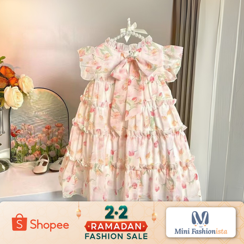 dress anak perempuan import Baju Princess Anak Perempuan Chiffon Bow Floral Dress Pesta Bayi Daster 