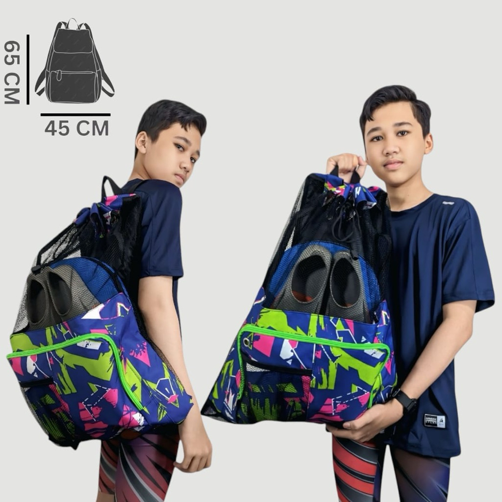 Tas Renang Sport jaring Motif Abstrak purple/Tas Renang Serut Anak Multifungsi