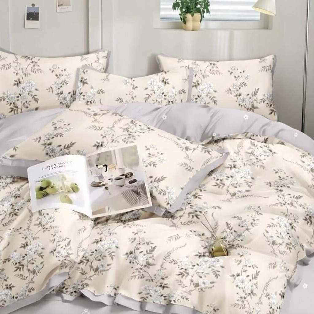 BIOSIBEDDING Sprei Katun Jepang Motif Bunga Coklat Peach Abu Shabby Custom Rumbai Rempel Vintage - S