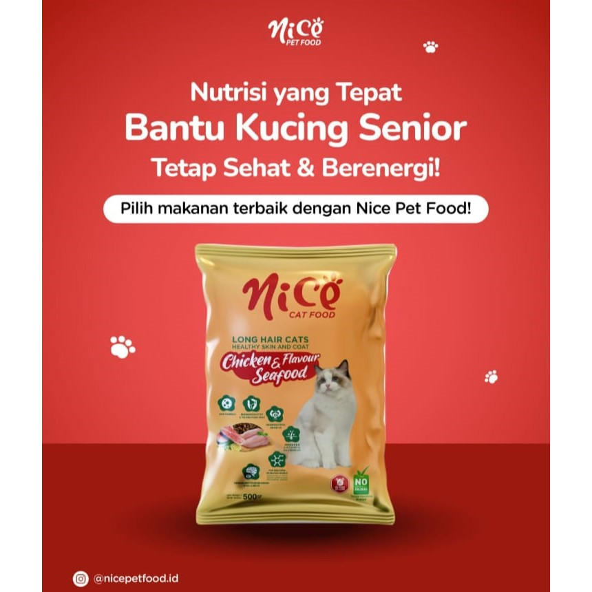 NICE LONG HAIR CATS HEALTHY SKIN & COAT MAKANAN KUCING RASA CHICKEN & SEAFOOD FLAVOUR FRESHPACK 500g