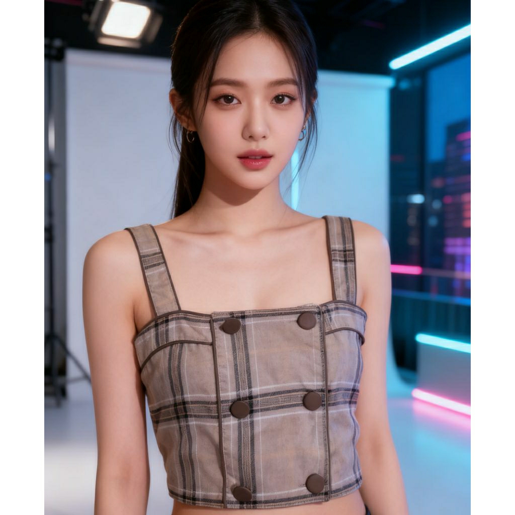 TANKTOP CROP TOP PLAID BROWN SMOCKED OUTER VEST KOTAK COKLAT KOREA