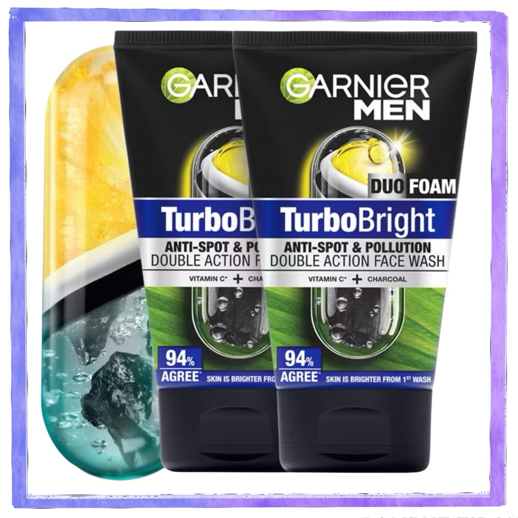 GARNIER Men Facial Wash Turbo Bright Super Duo Foam Skincare 100ml Sabun Cuci Muka Pria Face Wash Pe