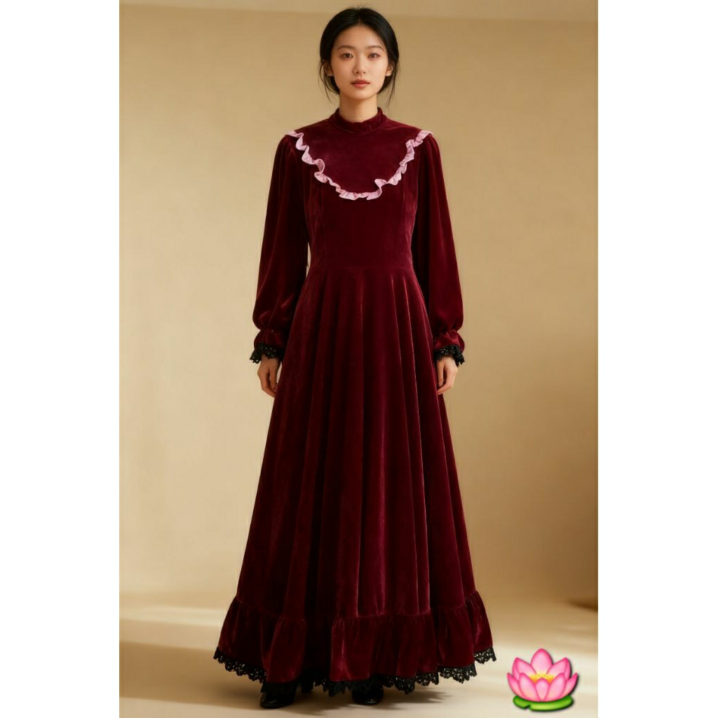 LONG DRESS VELVET VINTAGE RETRO KAWAII PRINCESS MERAH MAROON NONI BELANDA LACE PUFF SLEEVE KOREA
