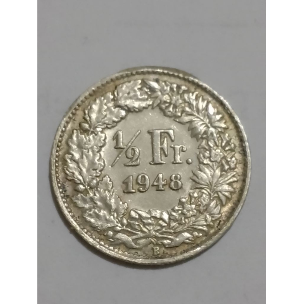 Koin perak silver Swiss 1/2 Franc 1948 dm 18,2 mm