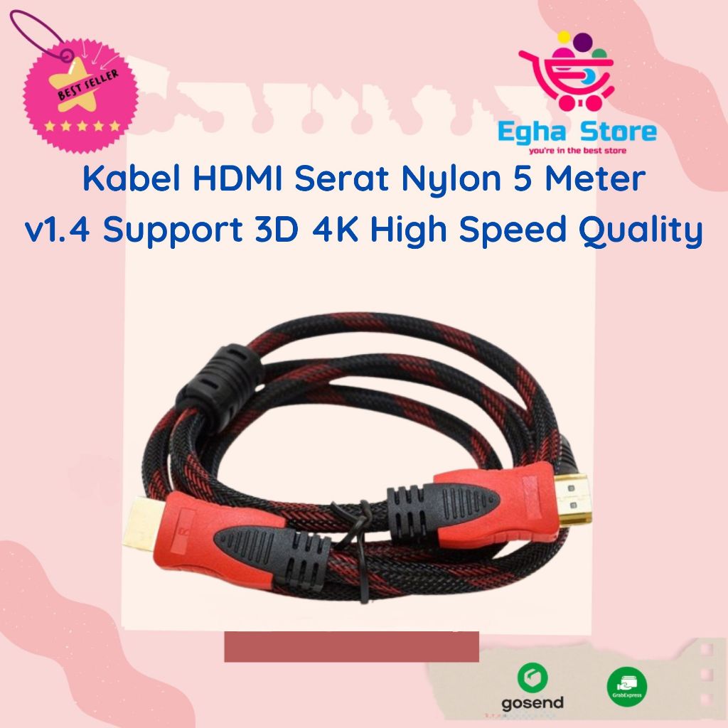 Kabel HDMI 5 Meter Ver 1.4 High Quality Gold Plated Nilon Cable HDTV Serat Nylon AV Male to Male 5m 