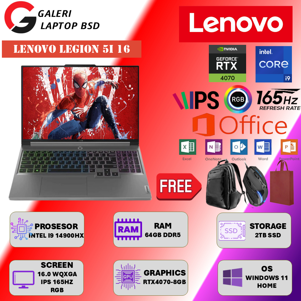 Laptop Gaming Lenovo Legion 5 16IRX9 NVIDIA RTX4070 Intel Core i9 14900HX Ram 64GB 2TB Ssd WQXGA Ips